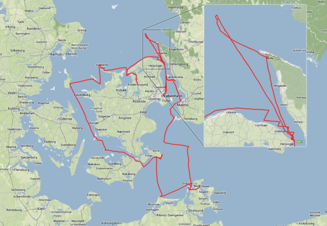 Mapa plavby kolem Dánska.