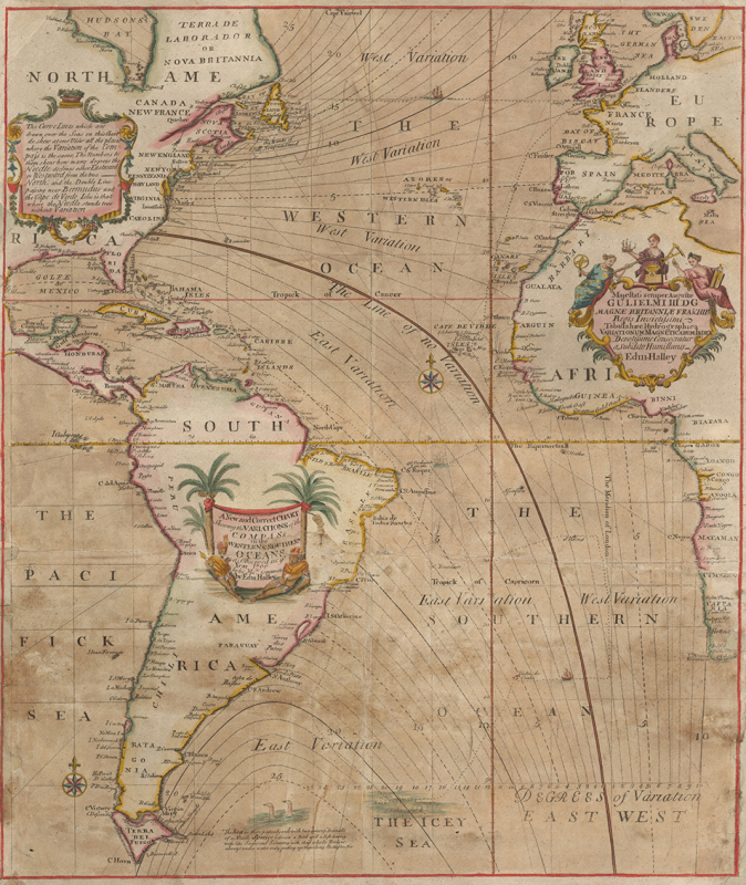 Obr. 14: Halleyova mapa hodnot magnetické variace v Atlantiku z roku 1701.