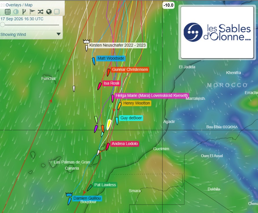 Mapa trackeru Golden Globe Race 2026 se závodníky u Kanárských ostrovů 17. září